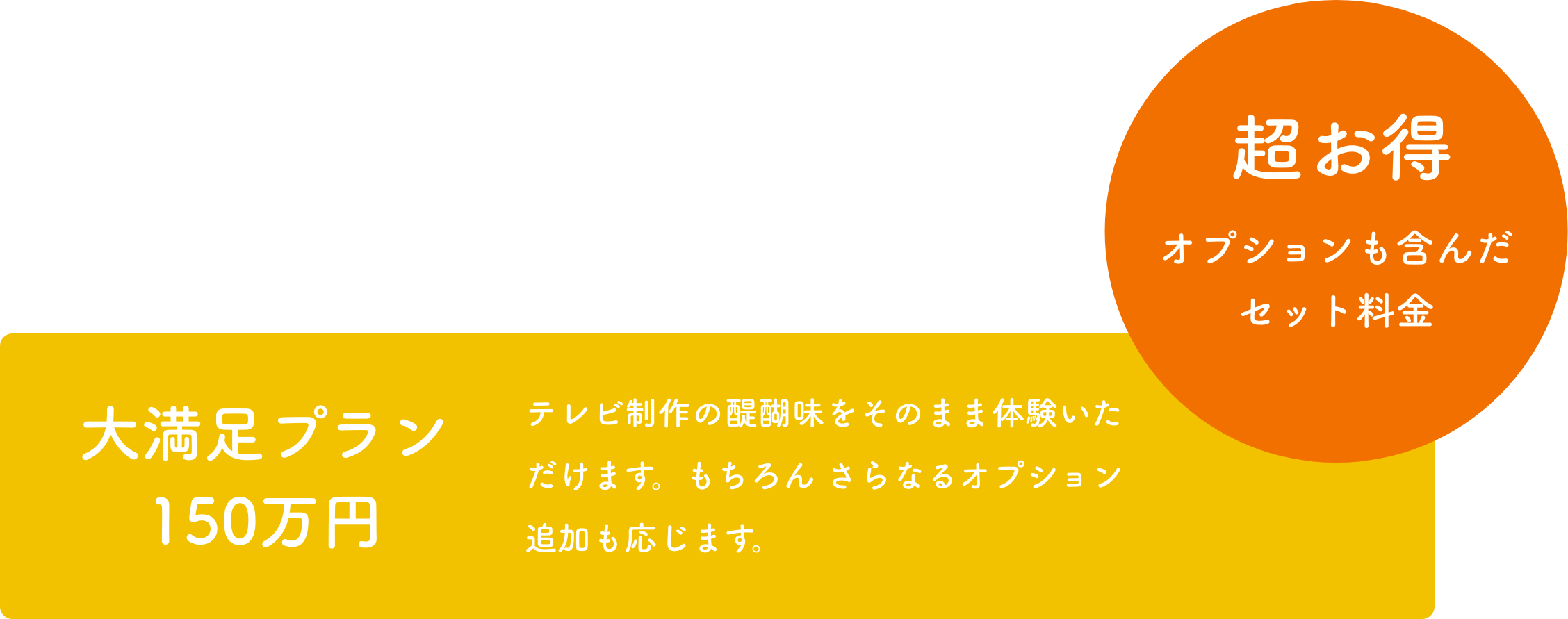 大満足プラン150万円 テレビ制作の醍醐味をそのまま体験いただけます。もちろん さらなるオプション追加も応じます。 超お得オプションも含んだセット料金