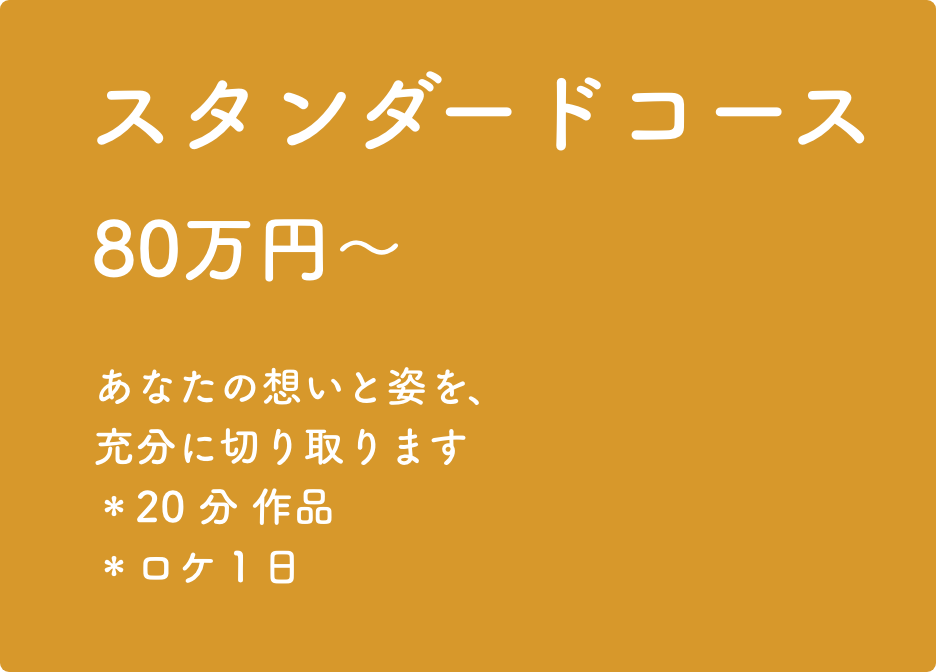 スタンダードコース 80万円〜 あなたの想いと姿を、充分に切り取ります＊20分作品＊ロケ１日